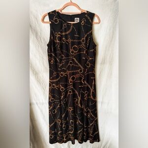 Anne Klein Black Chain Print Sleeveless Midi Dress Zip Back Size 6